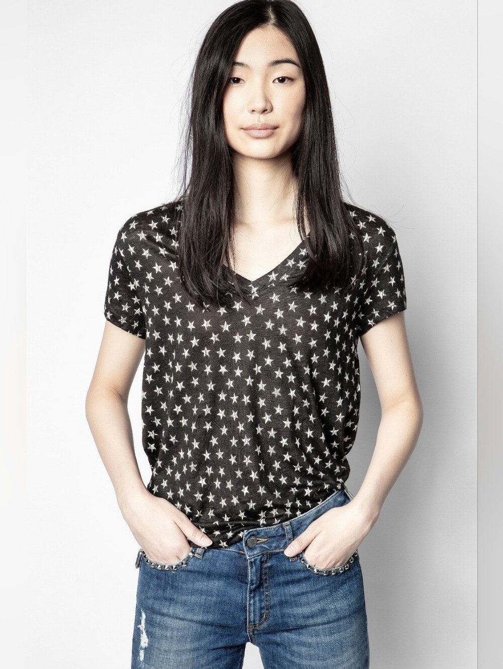 Zadig & Voltaire Black Linen Star-Print Archie Nova T-shirt XS